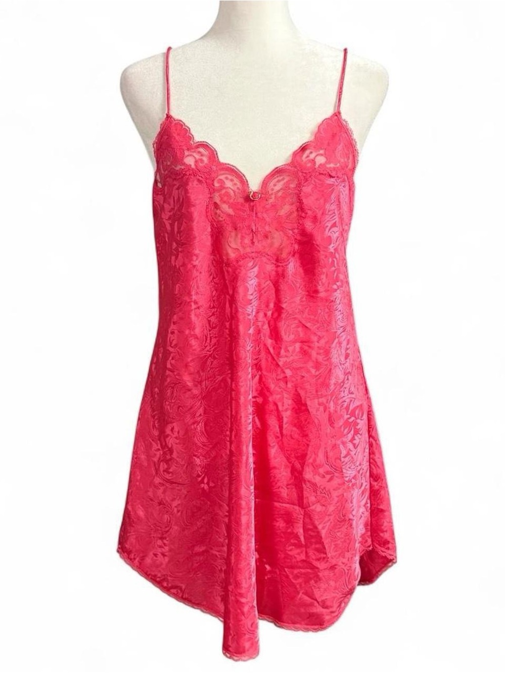 Vintage 80s Deena Hot Pink Lace Trim Slip Dress Nightgown M/L